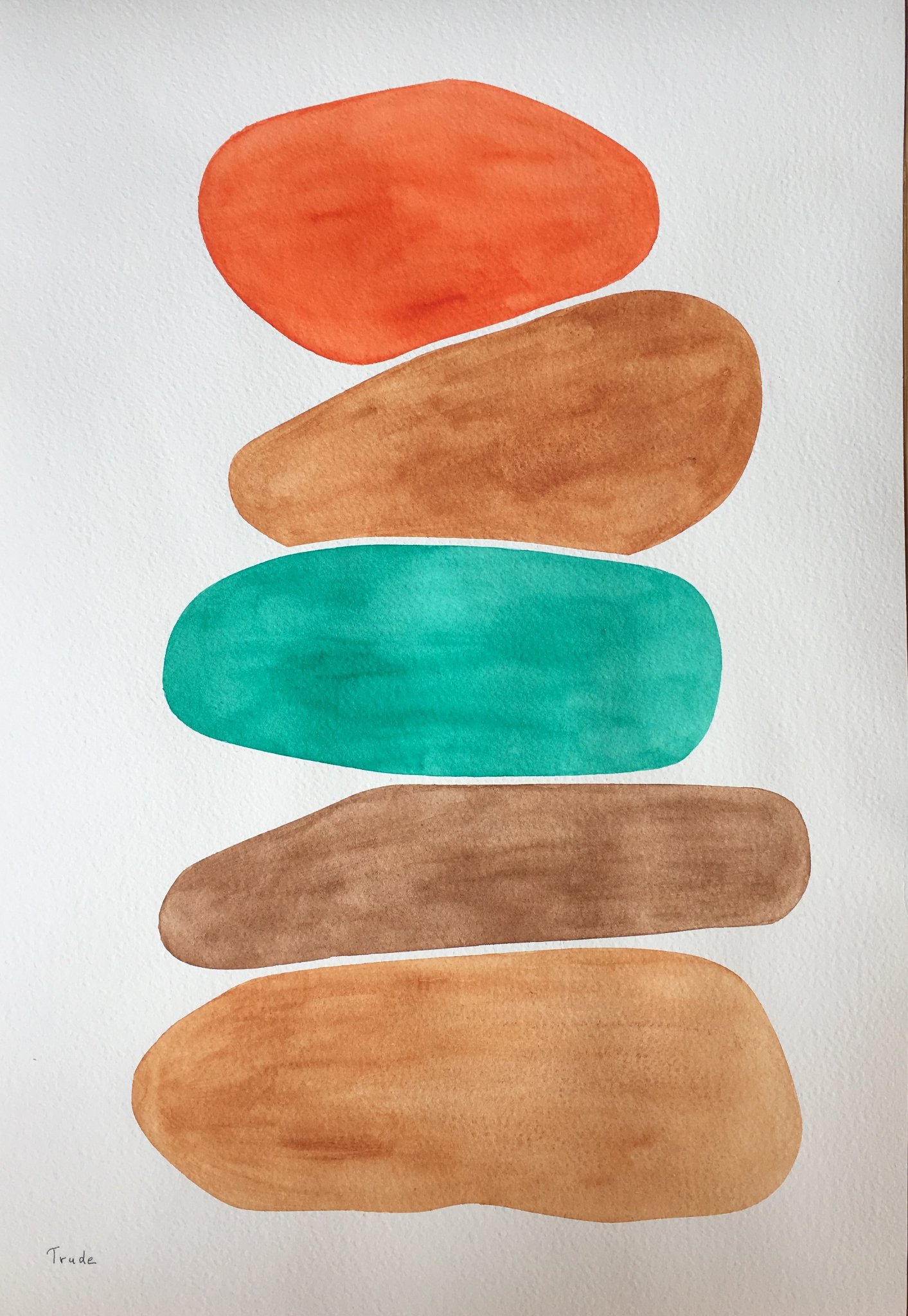 Five stacked organic pebble forms — orange, tan, teal, brown and sand — on white